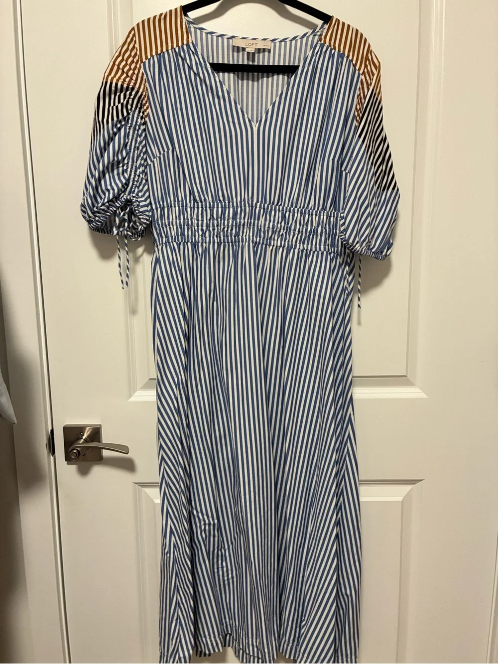 LOFT Blue and White Striped Maxi Dress with Tan Shoulder Panels